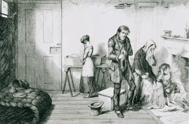 La Bouteille, Planche V, Le froid, la misère et le besoin détruisent leur plus jeune enfant : ils se consolent avec la bouteille, 1847